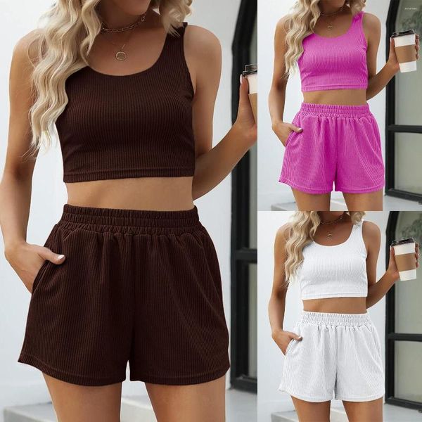 Fatos de Treino Feminino Conjuntos de Duas Peças Feminino Casual Crop Top Shorts Cintura Sem Mangas Poliéster Malha Senhoras Cor Sólida Respirável Diariamente