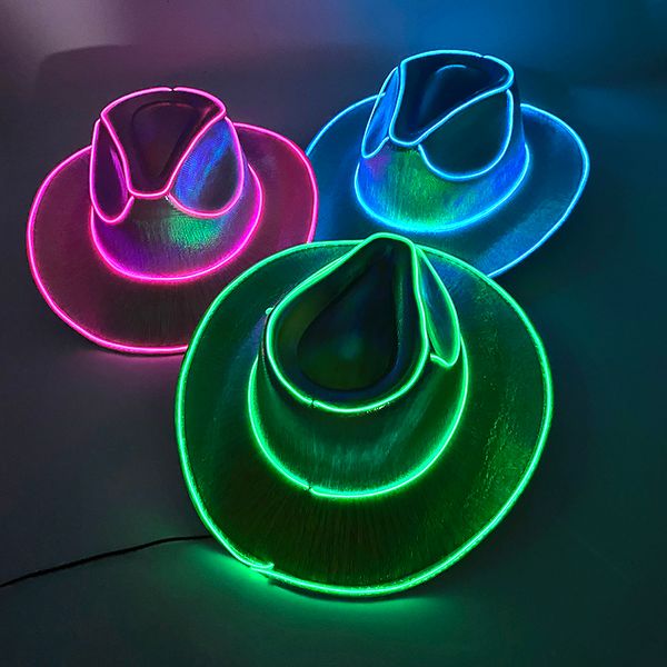 LED SwordsGuns Cappello da cowboy incandescente Neon Decor Forniture Moda per cappello da cowgirl all'aperto Party Light Up In The Dark 230804