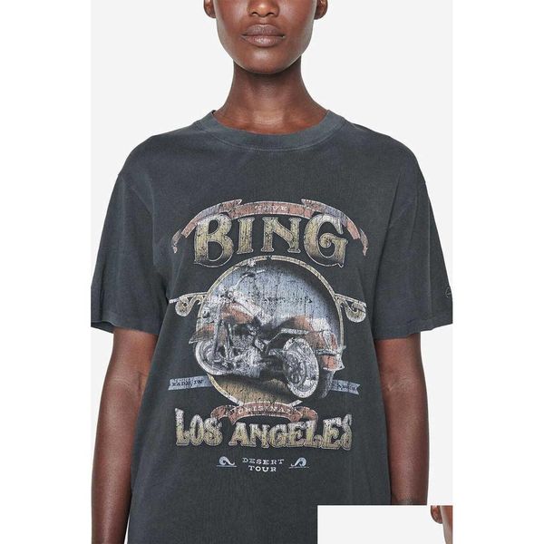 Damen T-Shirt Bings Vintage Motorrad T-Shirt Buchstabendruck Washed Los Angeles Aninee Schwarz Grau Baumwolle Damen Kurzarm T-Shirt Drop Dh2Iw