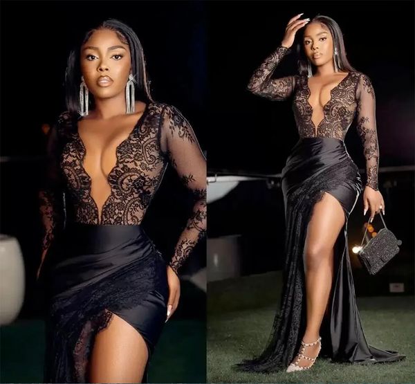 Schwarze Spitzenabendkleider Deep v Hals Afrikanische Langarme hohe Schlitz Frauen Party Prom Dressing Kleider Mermaid Plus Size