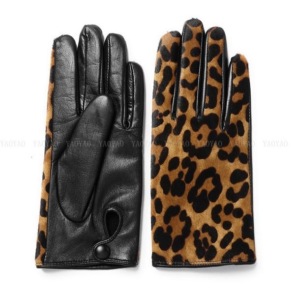 Fingerlose Handschuhe yy5388 Neuheit Frauen Leopardenmuster echte Leder Damen Kurzer Winter Wolle gefüttert dicke Luvas Botton Warm Guantes Mujer 230804