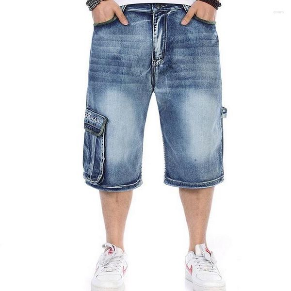 Jeans Masculino Shorts Denim Masculino Descolorido Estilo Retrô Lavado Capris Masculino Vários Bolsos