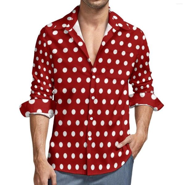 Erkekler Sıradan Gömlekler Beyaz Polka Dot Erkekler Koyu Kırmızı Gömlek Uzun Kollu Yenilik Komik Bluzlar Sonbahar Baskılı Giysiler Artı Boyut