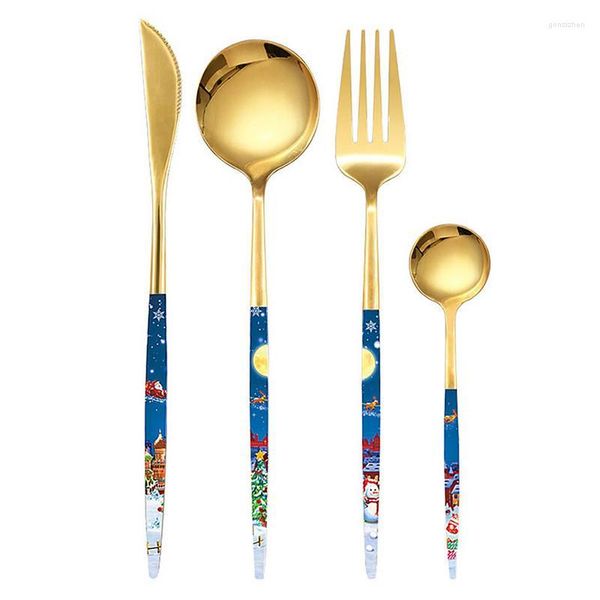 Set di stoviglie Utensili per mangiare Posate in acciaio inossidabile Posate Cucchiaio e forchetta Coltelli Set Natale Riutilizzabile Con