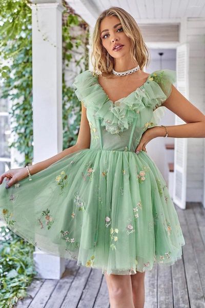 Partykleider Vintage 3D-Blumen-Heimkehr mit Rüschenärmeln Minilänge Spaghetti-Trägern Abendkleid für Teenager Vestidos Para Mujer