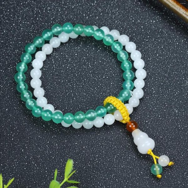 Strand Natural Jade Bracelet Women Fine Jewelry Genuine Chinese Nephrite White Green Hetian Jades Double-color Gourd Charms Bracelets