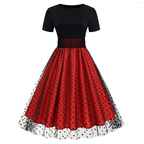 Vestidos casuais elegantes vestidos femininos 2023 rockabilly anos 50 manga curta malha bolinhas tule verão de alta qualidade