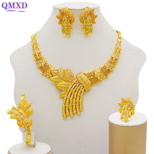 Hochzeit Schmuck Sets Gold Farbe Für Frauen Halskette Ohrringe Dubai African Indian Braut Zubehör Blumen Sets 230804