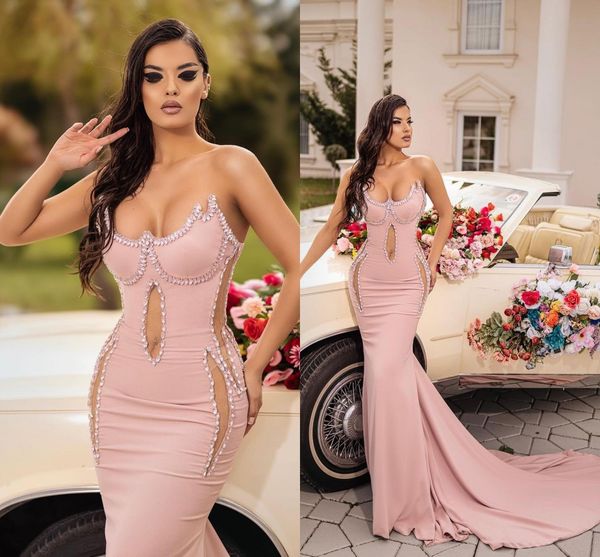 Dubai Árabe Blush Rosa Plus Size Vestidos de Noite de Sereia Longos para Mulheres Querida Cristais Frisados Aniversário Baile de Formatura Concurso de Celebridade Vestidos de Festa Ocasião Formal