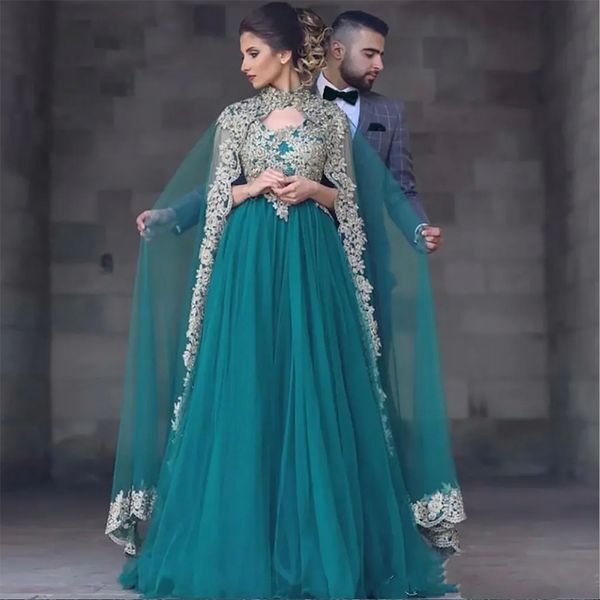 Novos vestidos de noite verdes muçulmanos linha A decote em V apliques de tule frisado islâmico Dubai árabe árabe vestido de noite longo elegante