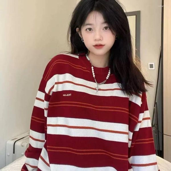 Maglioni da donna autunno stile giapponese maglione a righe a contrasto di colore college sciolto pigro retrò lavorato a maglia morbido