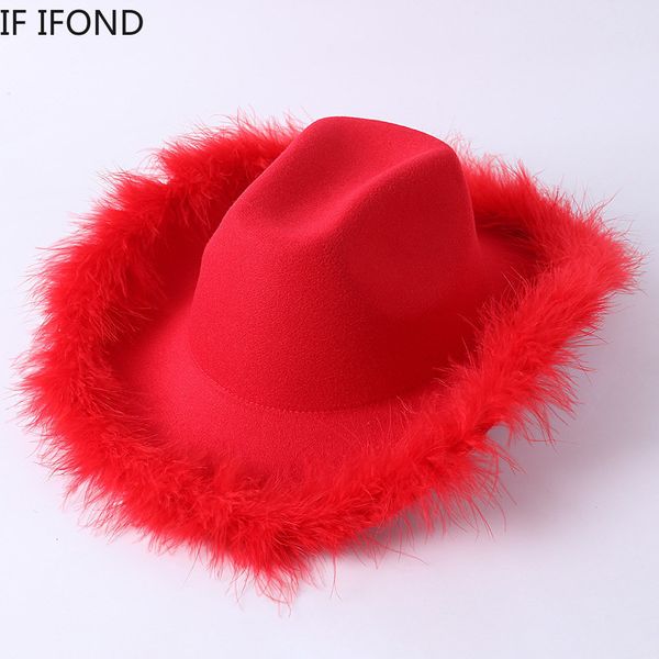 Cappelli a tesa larga Bucket Fashion Cowgirl Hat Fluffy Feather Western Cowboy per il festival di Natale Addio al nubilato Carnevale Cosplay Dress Cap 230804