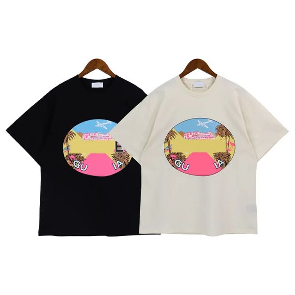 Homens camisetas Primavera / Verão Rhude Novo T-shirt Masculino Tendência Americana Oversize Anime Cartoon Carta Imprimir Meio Casal Mangas Curtas