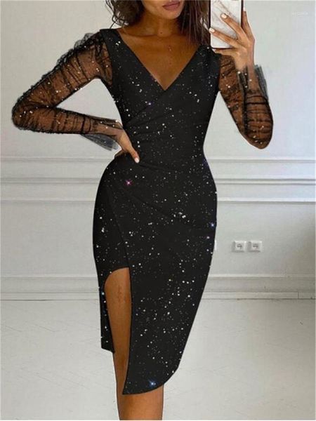 Sıradan elbiseler kadın rhinestone şeffaf örgü vücut bodycon midi elbise 2023 femme uzun kollu şeffaf sıska parti bornoz seksi bayan kulüp giyim