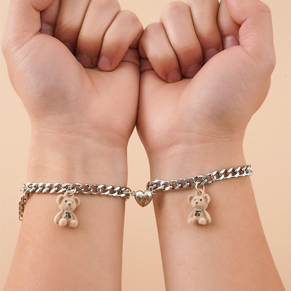 Charm Pulseiras 2 Pçs Urso de Pelúcia Casal Ímã Aço Inoxidável Coração Corrente Pulseira Unissex Amizade Dia dos Namorados Jóias 230803