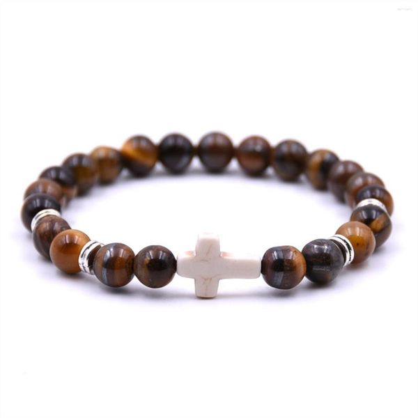 Strand Tiger Eye Bracelet Fashion Trendy Jesus Cross Charm Men Black 8mm Beads Bracelets Bangles For Women Jewelry