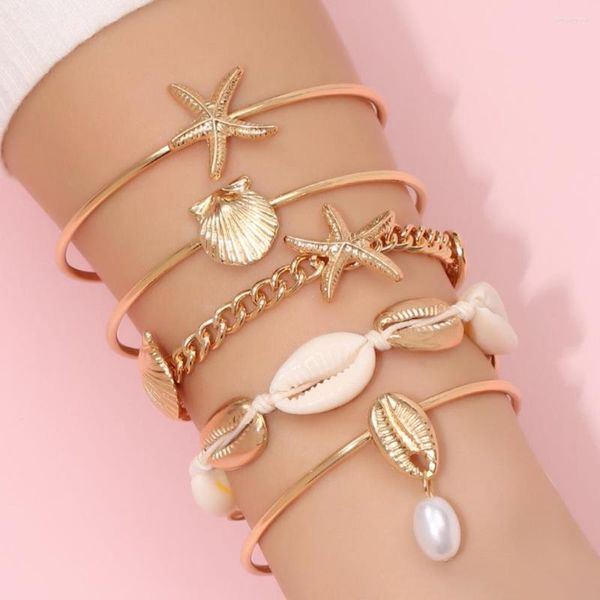 Braccialetti con ciondoli 2023 Gioielli di moda Bohemian Beach Starfish Conch Bracciali Braccialetti 5 pezzi Set Ciondolo di perle intrecciate per le donne