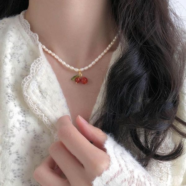 Catene Collana di perle di ciliegio per donna Collare a catena con clavicola barocca Ragazza Dropship