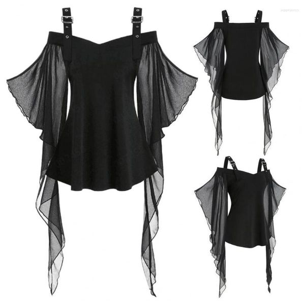 Blusas femininas slim fit top flare fantasia de festa de Halloween manga morcego renda borla ajustável alça de ombro linha A sólida