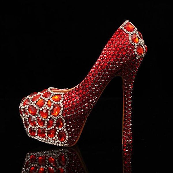 Mais novo dedo do pé redondo cristais vermelhos com diamantes vermelhos strass sapatos de noiva vermelho lindos sapatos de baile de salto alto plus size155d