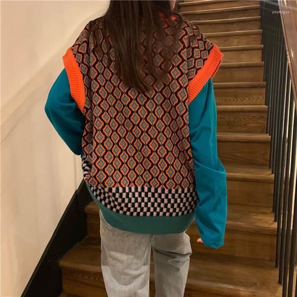 Maglioni da donna Gilet colorati Donna Autunno Casual Allentato con scollo a V Pullover in maglia Senza maniche Donna Street Style Hit Color Gilet in maglia