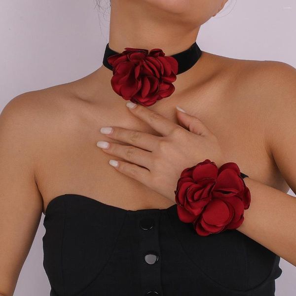 Correntes Ailodo Grande Flor Rosa Gargantilha Colar Elegante Renda Preta Vermelha Clavícula Corrente Para Casamento Feminino