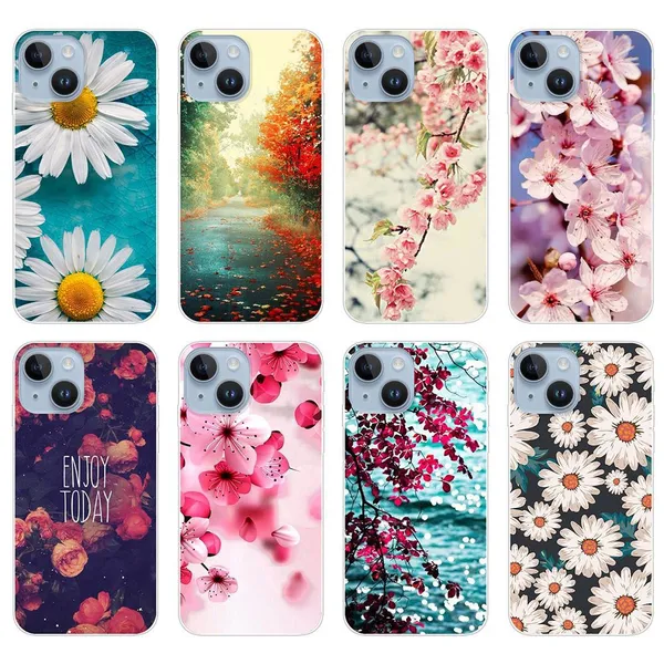 Цветочный мягкий корпус TPU для iPhone 15 плюс 14 Pro Max 13 12 11 XR XS 8 7 iPhone15 Fashion Spring Rose Peach Blossom Chrysanthemum Rivers River
