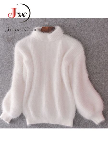 Maglioni da donna Maglione a collo alto addensato in mohair bianco Autunno Inverno Dolce moda Manicotto a lanterna Pullover tinta unita casual pull femme 230804