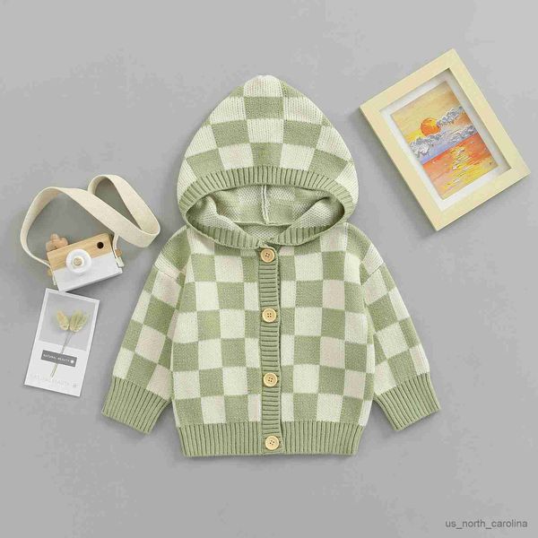 Jacken Kleinkind Baby Herbst Plaid Strickjacke Schachbrettmuster Langarm Kapuze Knopfverschluss Pullover für Jungen Mädchen 0-6T R230805