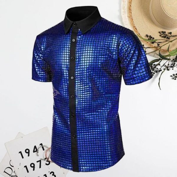 Herren T-Shirts Herren Hemd Kleidung Herren 70er Jahre Disco Kostüm Vinatge Umlegekragen Reflektierende glänzende Pailletten Kurzarm Button-Down