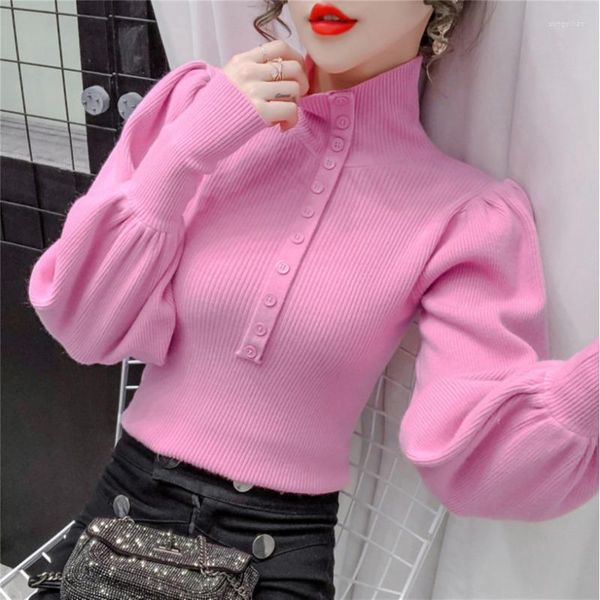 Maglioni da donna maglione dolcevita da donna taglie forti uomo da festa inverno manica lunga Harajuku bottoni di alta qualità pullover top a sbuffo