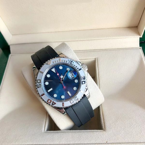 Relógio masculino relógio automático 40mm designer relógio mostrador azul borracha / pulseira de aço inoxidável espelho de safira à prova d'água brilho noturno Montre De Luxe