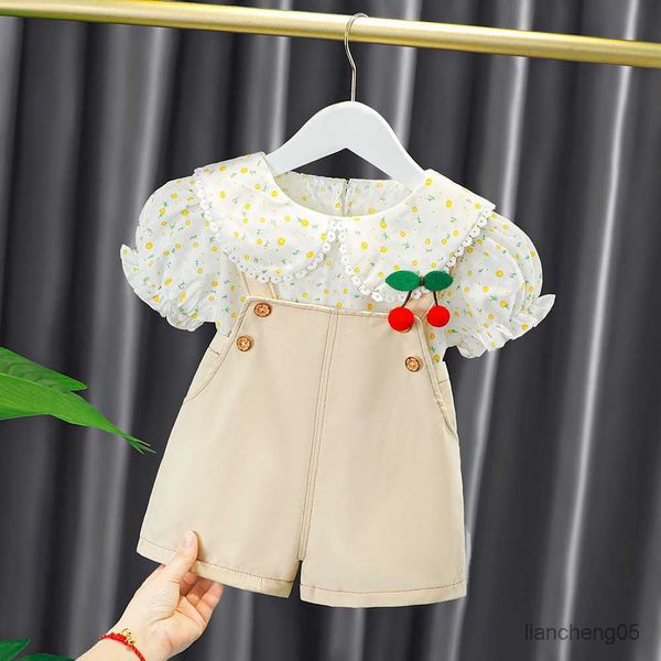Одежда Sumping Summer Girls одежда устанавливает маленький цветочный стиль моды от летней детская одежда футболка короткая детская костюма R230805