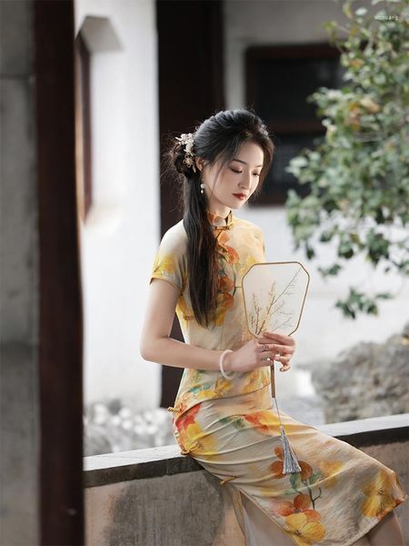Ethnische Kleidung Yourqipao 2023 Sommer verbessertes Cheongsam mittellanges Retro-Mode-Ölgemälde Qipao chinesischer Stil Abendkleid für Frauen
