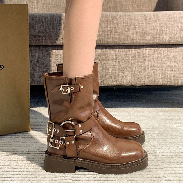 Boots Retro Metal Buckle Western Boots for Women Autumn Mid-calf Boots Fashion Cool Punk Shoes Female Black Brown Heels 230804