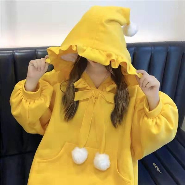 Moletons Femininos Moletons com Capuz Tops Menina com Capuz Vermelho Amarelo Ponto Sólido Pulôveres Soltos de Lã Bola Fofa Kawaii Bolso Canguru