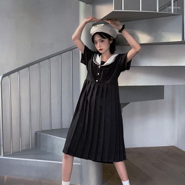 Partykleider Preppy Style Elegant Plissee Vintage Frau Schwarz Japanisch Harajuku College Sommerkleid Süßes Matrosenkragen Niedlich