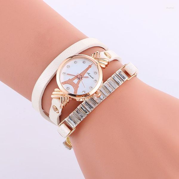 Relógios de pulso 100 pçs/lote Moda Torre Eiffel Wrap Around Lady Watch Elegance Quartz Rose Gold Case Relógio de pulso Luxo Weave Casual