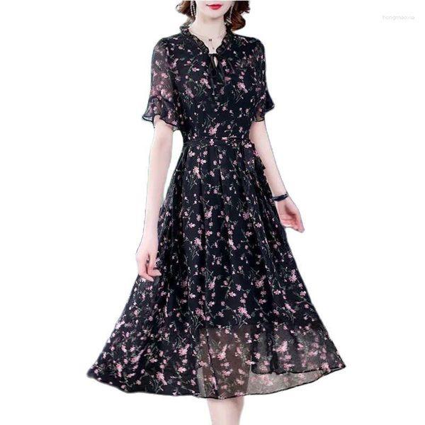 Vestidos casuais 2023 verão floral vestido feminino gordo MM longo preto feminino manga longa impressão chiffon manga curta elegante