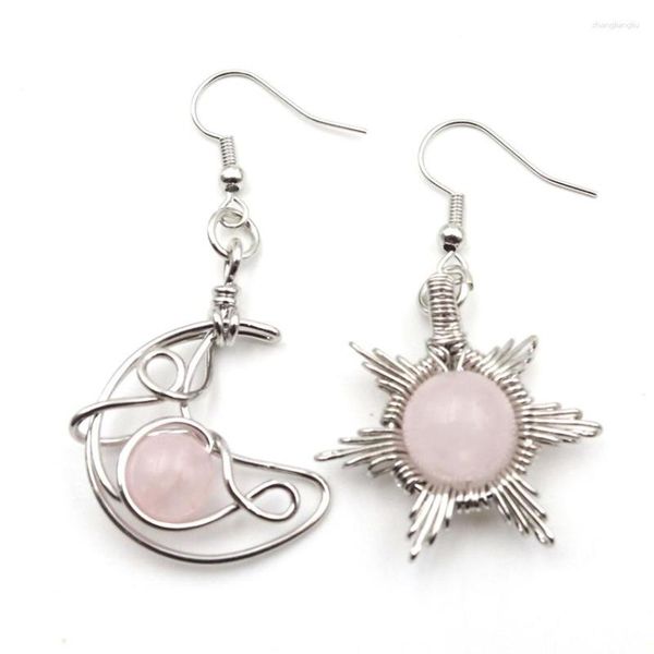 Orecchini pendenti FYJS Regalo unico per l'anniversario Filo avvolto in argento placcato Sole e luna Gioielli asimmetrici con goccia di quarzo rosa rosa