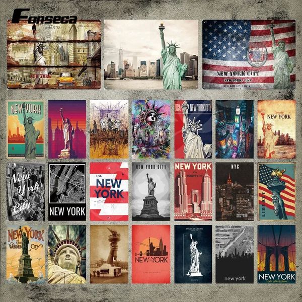 The New York City Metal Signs Landmark Vintage Tin Signs Decorative Metal Us City Landscape Plate Iron Painting Wall Stickers for Home Room Decoration 30X20CM W01
