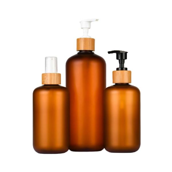 120 ml 250 ml 500 ml mattierte bernsteinfarbene braune Kunststoff-PET-Flasche Bambuskappe Schwarz Weiß Lotionspumpe Shampoo-Verpackungsbehälter 10 Stück Sto264A