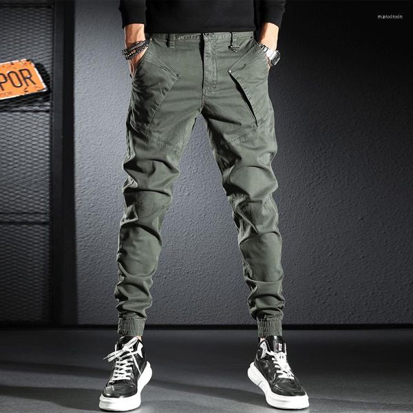 Jeans Masculino Moda Coreana Calças Elásticas Verde Exército Com Emenda Calça Cargo Casual Hombre Streetwear Corredores Hip Hop
