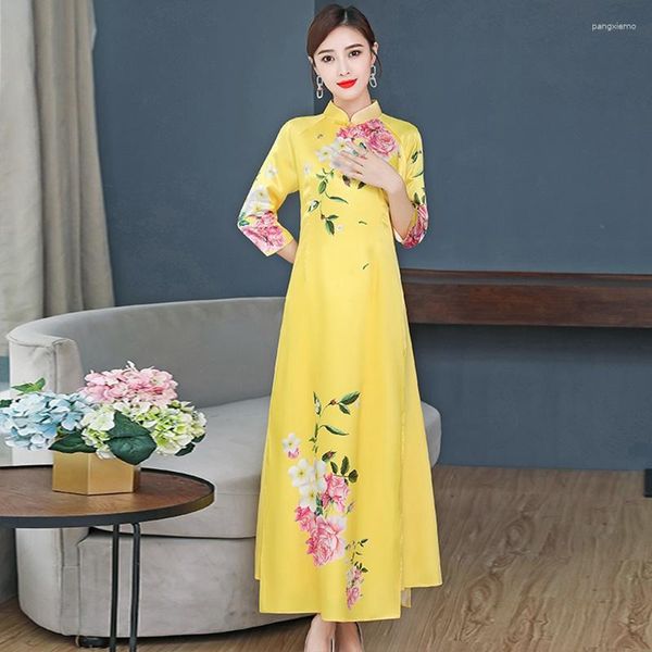 Roupas étnicas 2023 Chinês Tradicional Vestido Manga Longa Cheongsam Robe Vintage Femme Qipao Ano Elegante Amarelo 11080