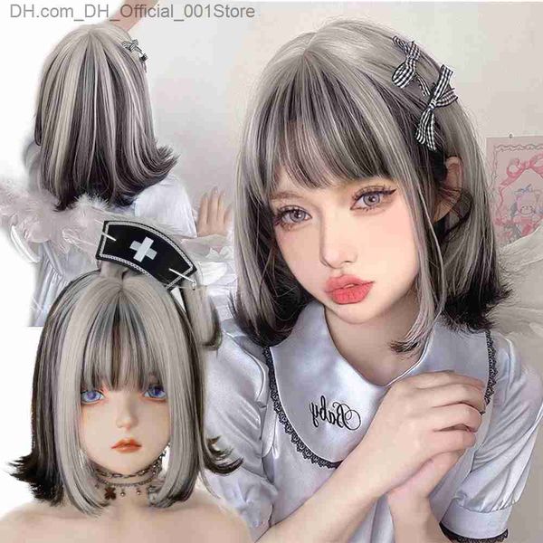 Synthetische Perücken, kurz, schwarz, grau, Highlight Bangs, synthetische Perücke, Lolita, Rollenspiel, Mode, täglich, hitzebeständige Perücke für Frauen Z230805