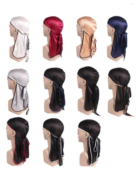 Berets Frauen Männer Satin Seidige Kopf Wrap Durag 2023 Mode Kopfbedeckung Kappe Lange Mützen Atmungsaktive Turban Hut Handband Haar-accessoires