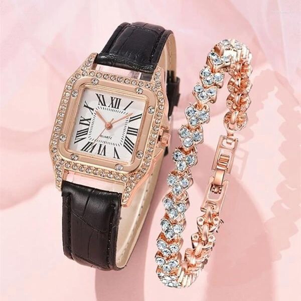 Armbanduhren Sdotter 2023 Quadratische Modeuhr Trendgürtel Diamant für Frauen Zweiteiliges römisches Armband Damengeschenk Reloj M