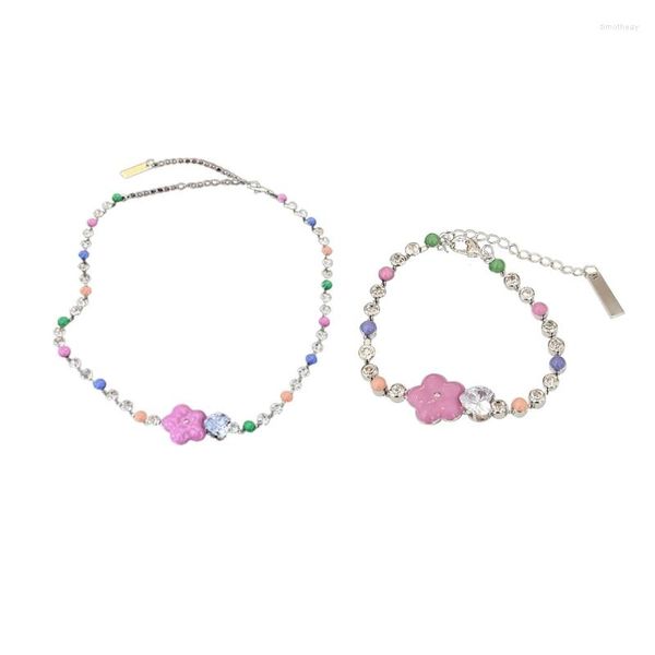 Halskette Ohrringe Set Verstellbare Schlüsselbeinkette Y2k Halskette/Armreif Handgelenkketten Kristall Perlen Halsbekleidung Mädchen Armbänder mit Blumenanhänger