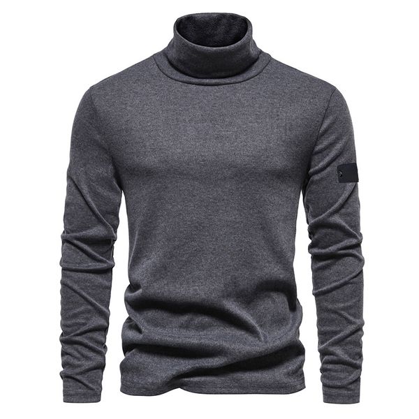 Casacos Masculinos 2023 Casual Básico T-shirt Simples Moda Modal Alto Pescoço Manga Longa Outono Inverno Homens Puro Algodão Cor Sólida Slim Stone À Prova de Vento