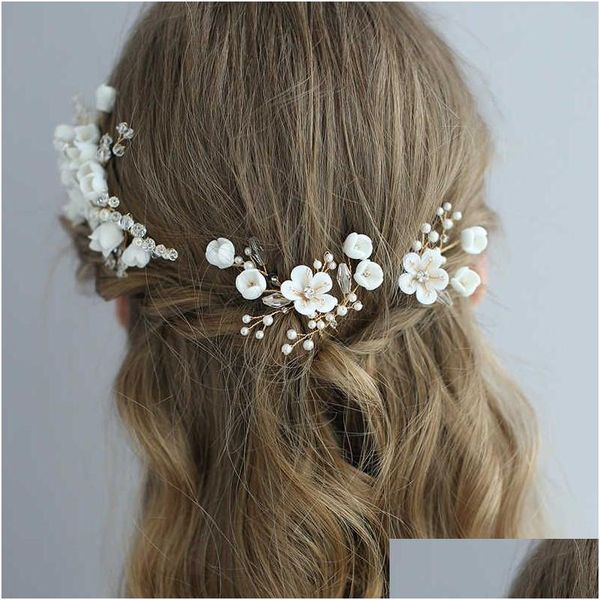 Acessórios para joias de cabelo Cristal Touca Jóias Pente de flores Pins Enfeites de noiva Tiaras femininas 210616 Drop Delivery Hairjewelry Dh8Ie